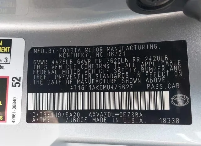 4T1G11AK0MU475627 2021 2021 Toyota Camry- SE 9