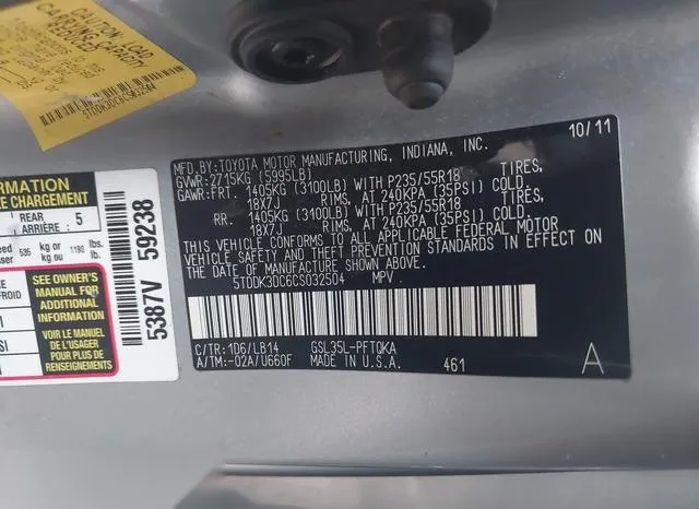 5TDDK3DC6CS032504 2012 2012 Toyota Sienna- Xle 7 Passenger 9