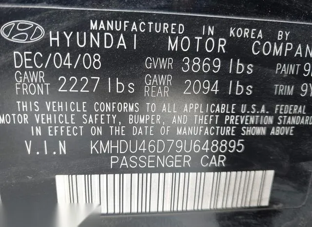 KMHDU46D79U648895 2009 2009 Hyundai Elantra- SE 9