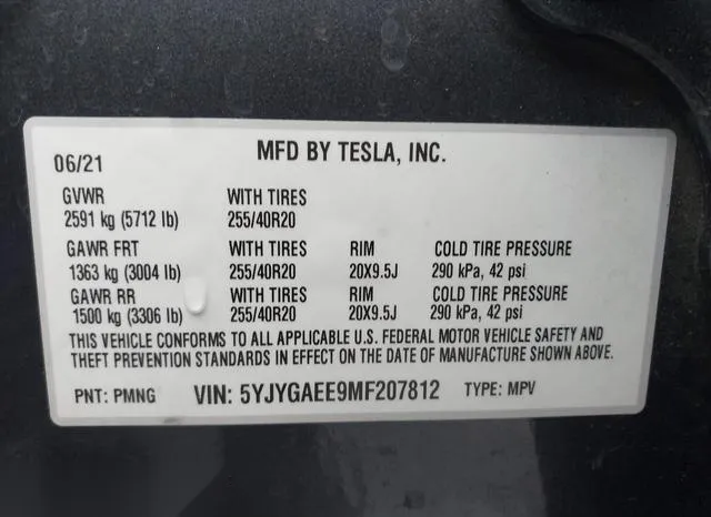 5YJYGAEE9MF207812 2021 2021 Tesla Model Y- Long Range Dual 9