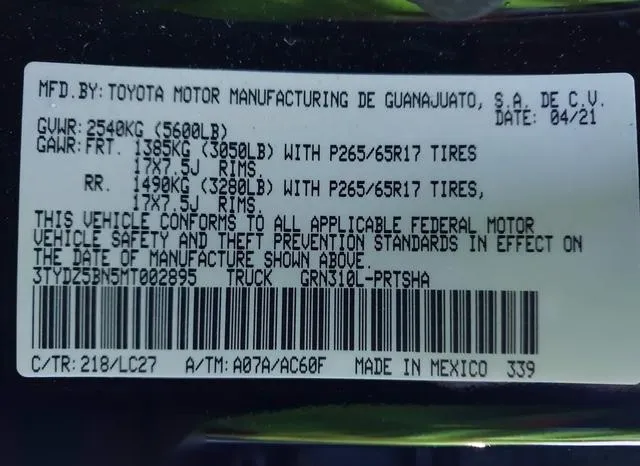 3TYDZ5BN5MT002895 2021 2021 Toyota Tacoma- Trd Sport 9