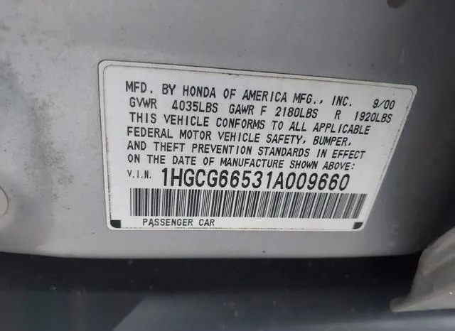 1HGCG66531A009660 2001 2001 Honda Accord- 2-3 LX 9