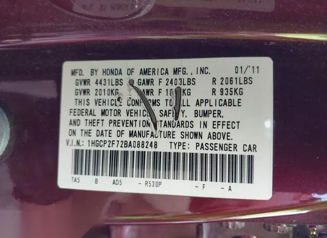 1HGCP2F72BA088248 2011 2011 Honda Accord- 2-4 EX 9