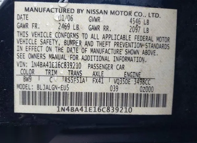 1N4BA41E16C839210 2006 2006 Nissan Maxima- 3-5 SL 9