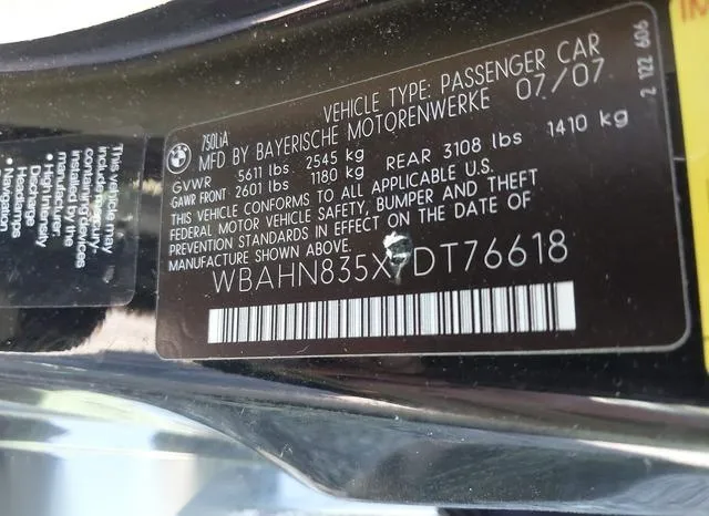 WBAHN835X7DT76618 2007 2007 BMW 7 Series- 750LI 9