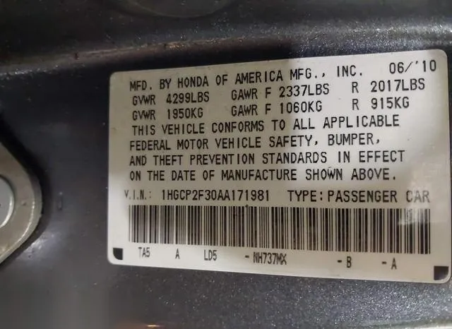 1HGCP2F30AA171981 2010 2010 Honda Accord- 2-4 LX 9