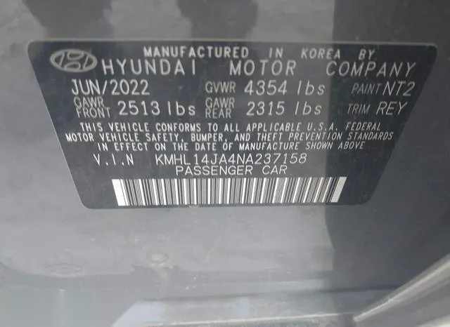 KMHL14JA4NA237158 2022 2022 Hyundai Sonata- Sel 9