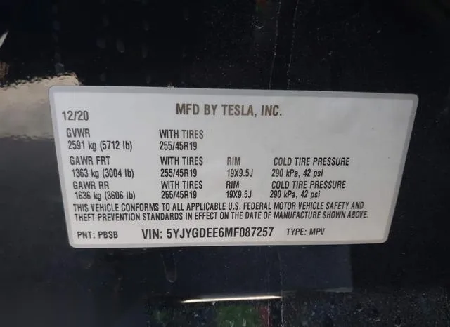 5YJYGDEE6MF087257 2021 2021 Tesla Model Y- Long Range Dual 9