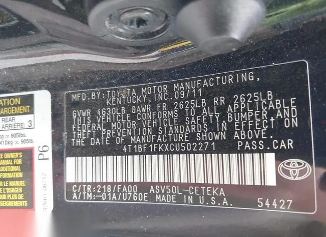 4T1BF1FKXCU502271 2012 2012 Toyota Camry- L 9