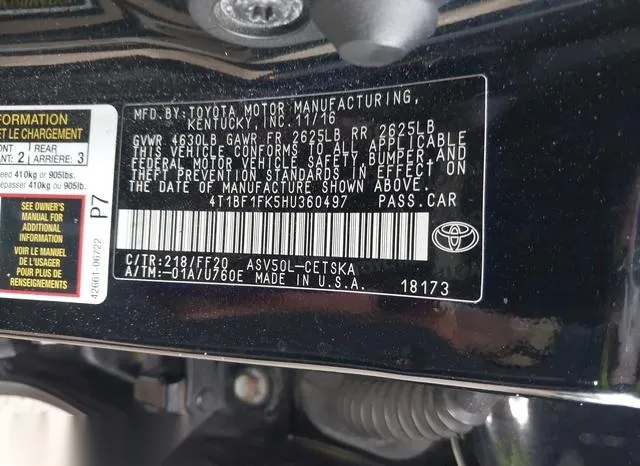 4T1BF1FK5HU360497 2017 2017 Toyota Camry- SE 9