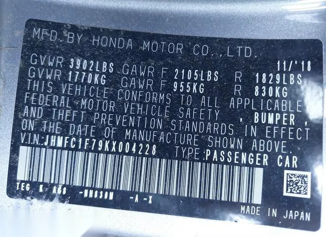 JHMFC1F79KX004228 2019 2019 Honda Civic- Ex-L 9