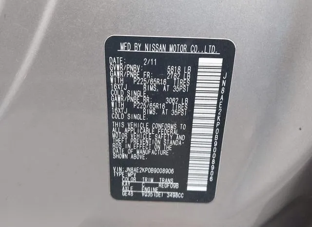 JN8AE2KP0B9008906 2011 2011 Nissan Quest- SV 9