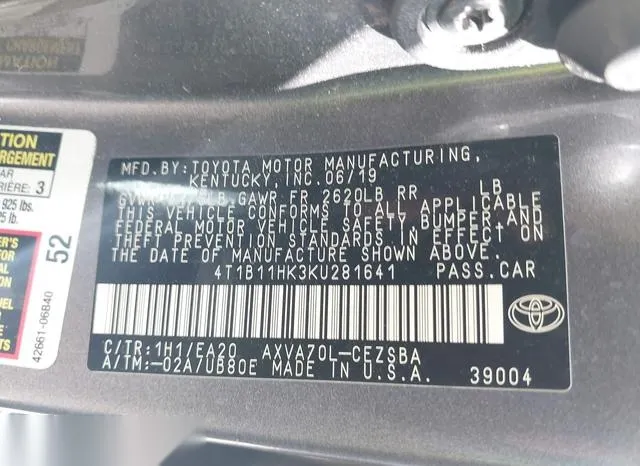 4T1B11HK3KU281641 2019 2019 Toyota Camry- SE 9