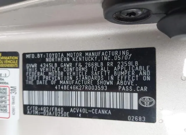 4T4BE46K27R003593 2007 2007 Toyota Camry- LE 9