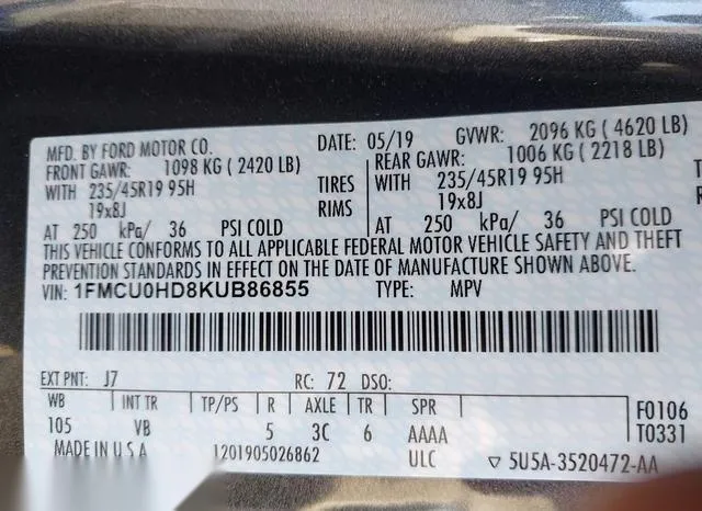 1FMCU0HD8KUB86855 2019 2019 Ford Escape- Sel 9