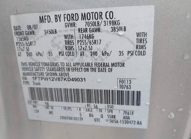 1FTPW12V87KD49031 2007 2007 Ford F-150- Lariat/Xlt 9