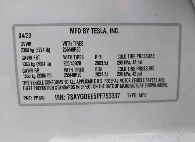 7SAYGDEE5PF753337 2023 2023 Tesla Model Y- Awd/Long Range D 9