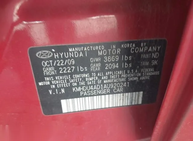 KMHDU4AD1AU920241 2010 2010 Hyundai Elantra- Gls 9