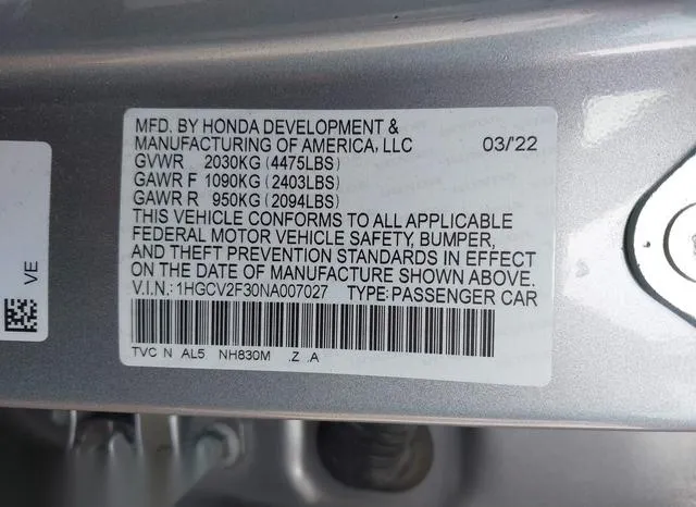 1HGCV2F30NA007027 2022 2022 Honda Accord- Sport 2-0T 9