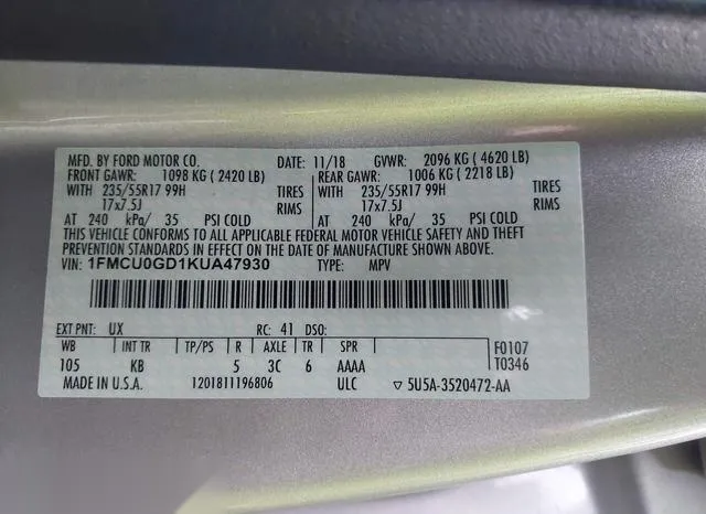 1FMCU0GD1KUA47930 2019 2019 Ford Escape- SE 9