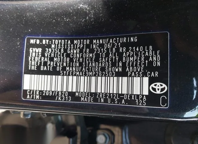 5YFEPMAE9MP262503 2021 2021 Toyota Corolla- LE 9