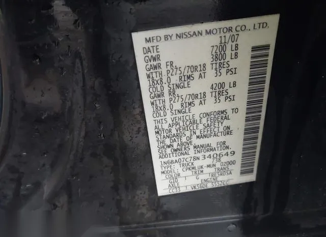 1N6BA07C78N340649 2008 2008 Nissan Titan- Pro-4X/Xe 9