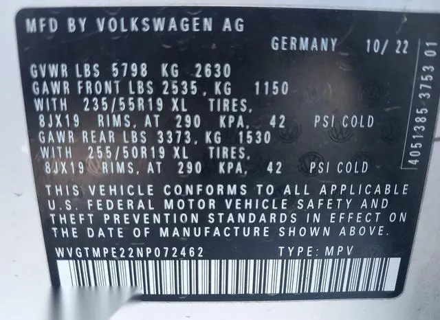 WVGTMPE22NP072462 2022 2022 Volkswagen ID-4- Pro S 9