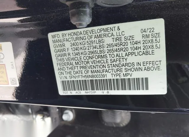 5FNYF7H56NB003391 2022 2022 Honda Passport- 2Wd Ex-L 9