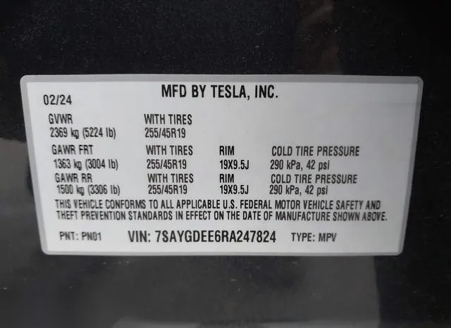 7SAYGDEE6RA247824 2024 2024 Tesla Model Y- Long Range Dual 9