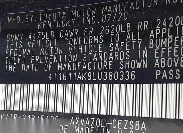 4T1G11AK9LU380336 2020 2020 Toyota Camry- SE 9