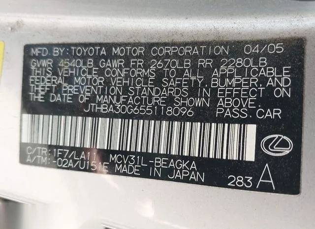 JTHBA30G655118096 2005 2005 Lexus ES- 330 9