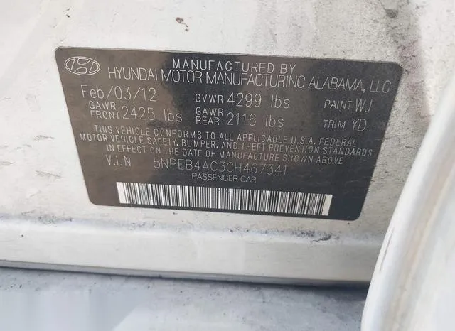 5NPEB4AC3CH467341 2012 2012 Hyundai Sonata- Gls 9