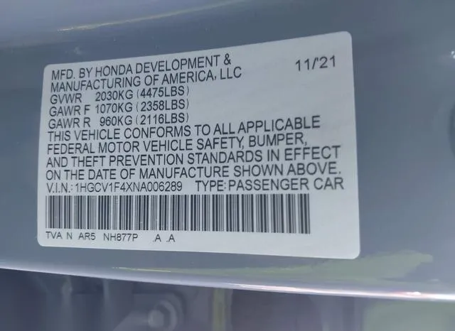 1HGCV1F4XNA006289 2022 2022 Honda Accord- Sport Special Edi 9