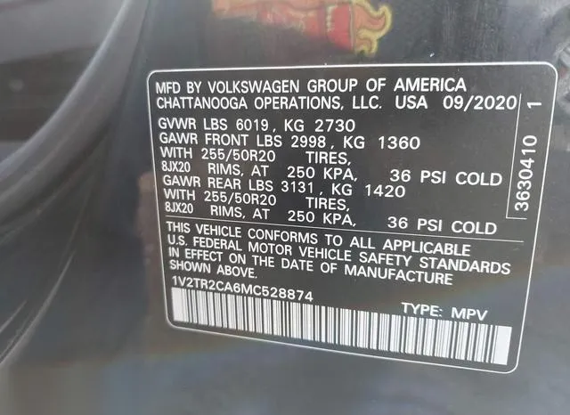 1V2TR2CA6MC528874 2021 2021 Volkswagen Atlas- 3-6L V6 Sel P 9