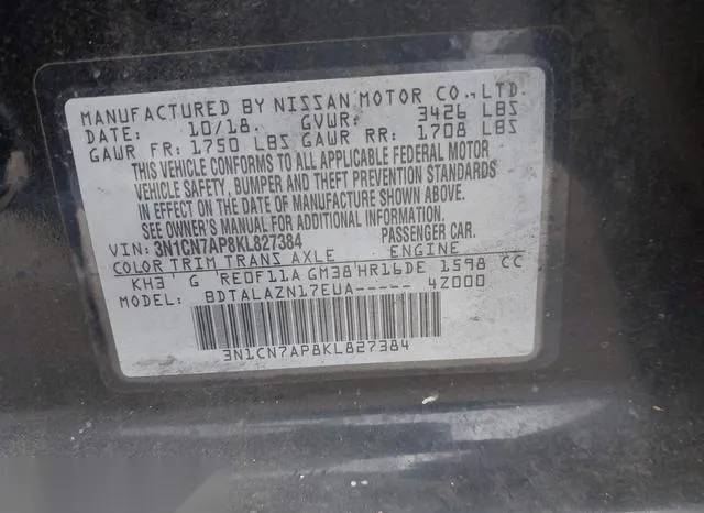 3N1CN7AP8KL827384 2019 2019 Nissan Versa- 1-6 S- 9