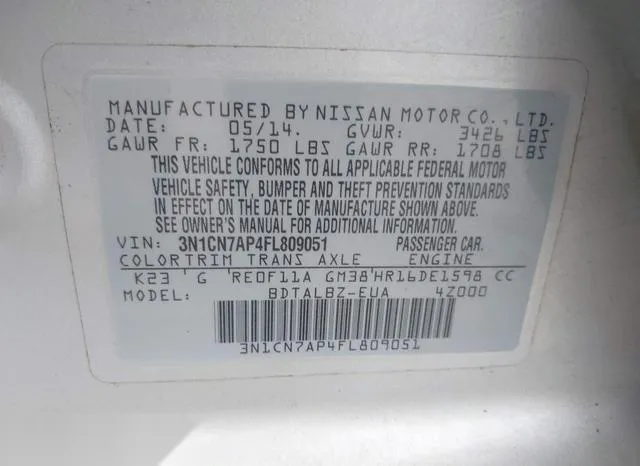 3N1CN7AP4FL809051 2015 2015 Nissan Versa- 1-6 SV 9