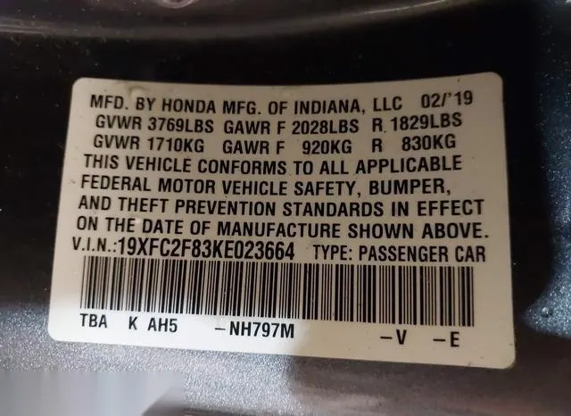 19XFC2F83KE023664 2019 2019 Honda Civic- Sport 9