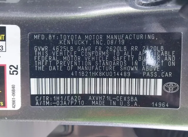 4T1B21HK8KU014489 2019 2019 Toyota Camry- Hybrid SE 9