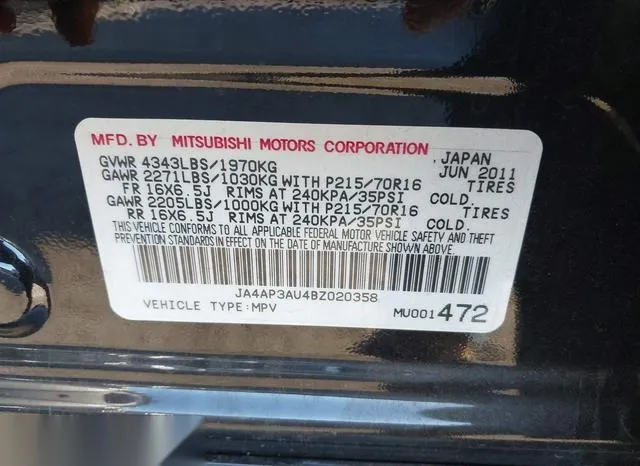 JA4AP3AU4BZ020358 2011 2011 Mitsubishi Outlander- Sport ES 9