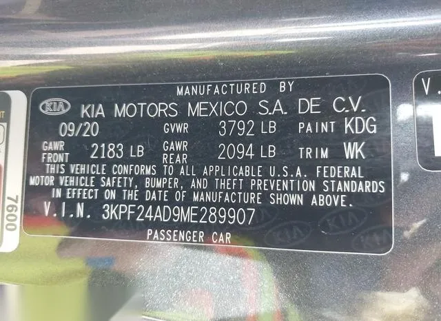 3KPF24AD9ME289907 2021 2021 KIA Forte- FE 9