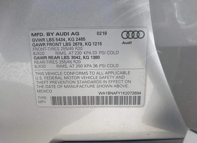 WA1BNAFY1K2072694 2019 2019 Audi Q5- 45 Premium 9