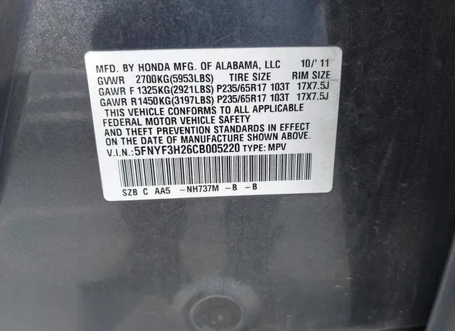 5FNYF3H26CB005220 2012 2012 Honda Pilot- LX 9