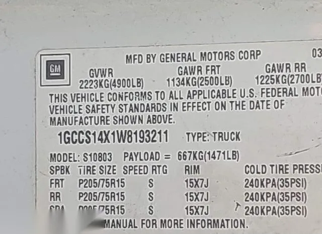 1GCCS14X1W8193211 1998 1998 Chevrolet S10- Fleetside 9