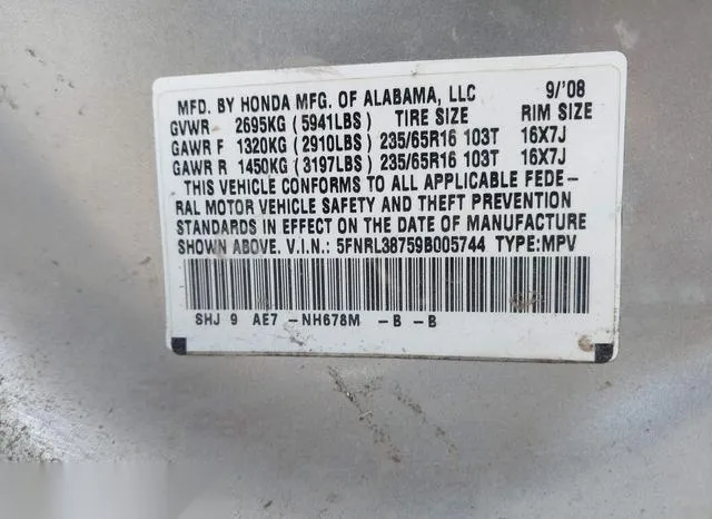 5FNRL38759B005744 2009 2009 Honda Odyssey- Ex-L 9