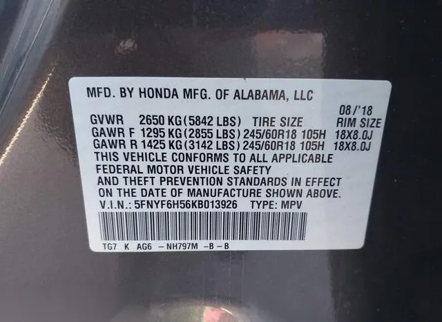 5FNYF6H56KB013926 2019 2019 Honda Pilot- Ex-L 9