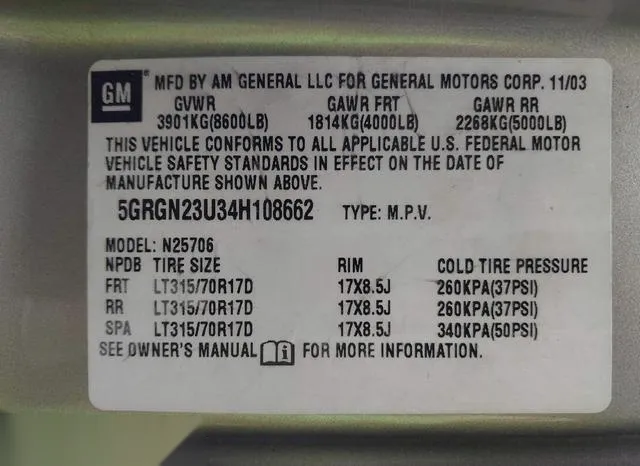 5GRGN23U34H108662 2004 2004 Hummer H2 9