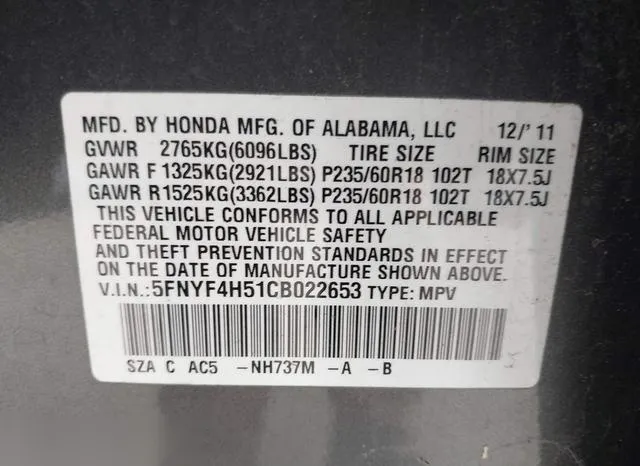 5FNYF4H51CB022653 2012 2012 Honda Pilot- Ex-L 9