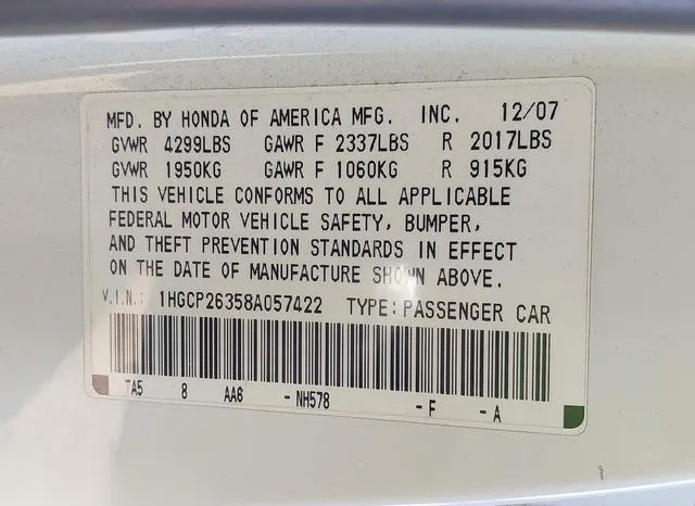 1HGCP26358A057422 2008 2008 Honda Accord- 2-4 LX 9