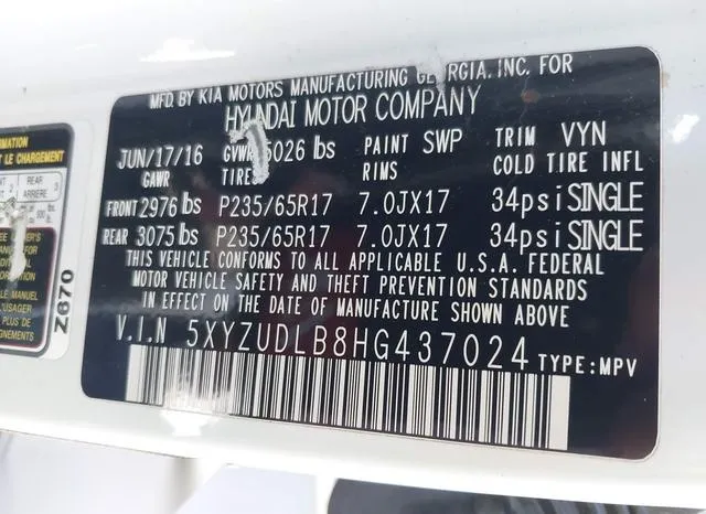 5XYZUDLB8HG437024 2017 2017 Hyundai Santa Fe- Sport 2-4L 9