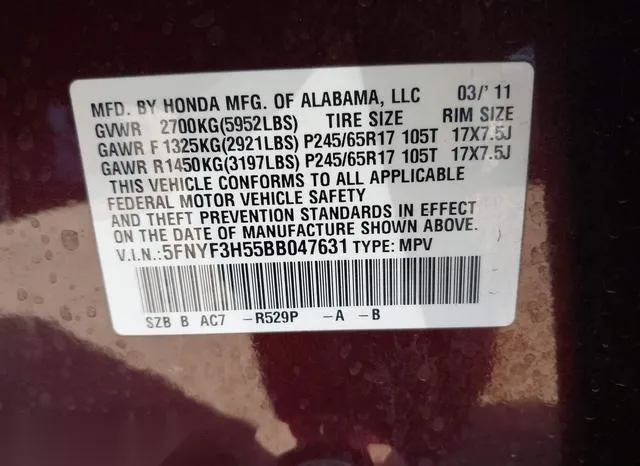 5FNYF3H55BB047631 2011 2011 Honda Pilot- Ex-L 9